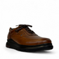 Satel Abgineh brown leather lace-up shoe with perforated detail and a durable black rubber outsole. Photo of front side view.