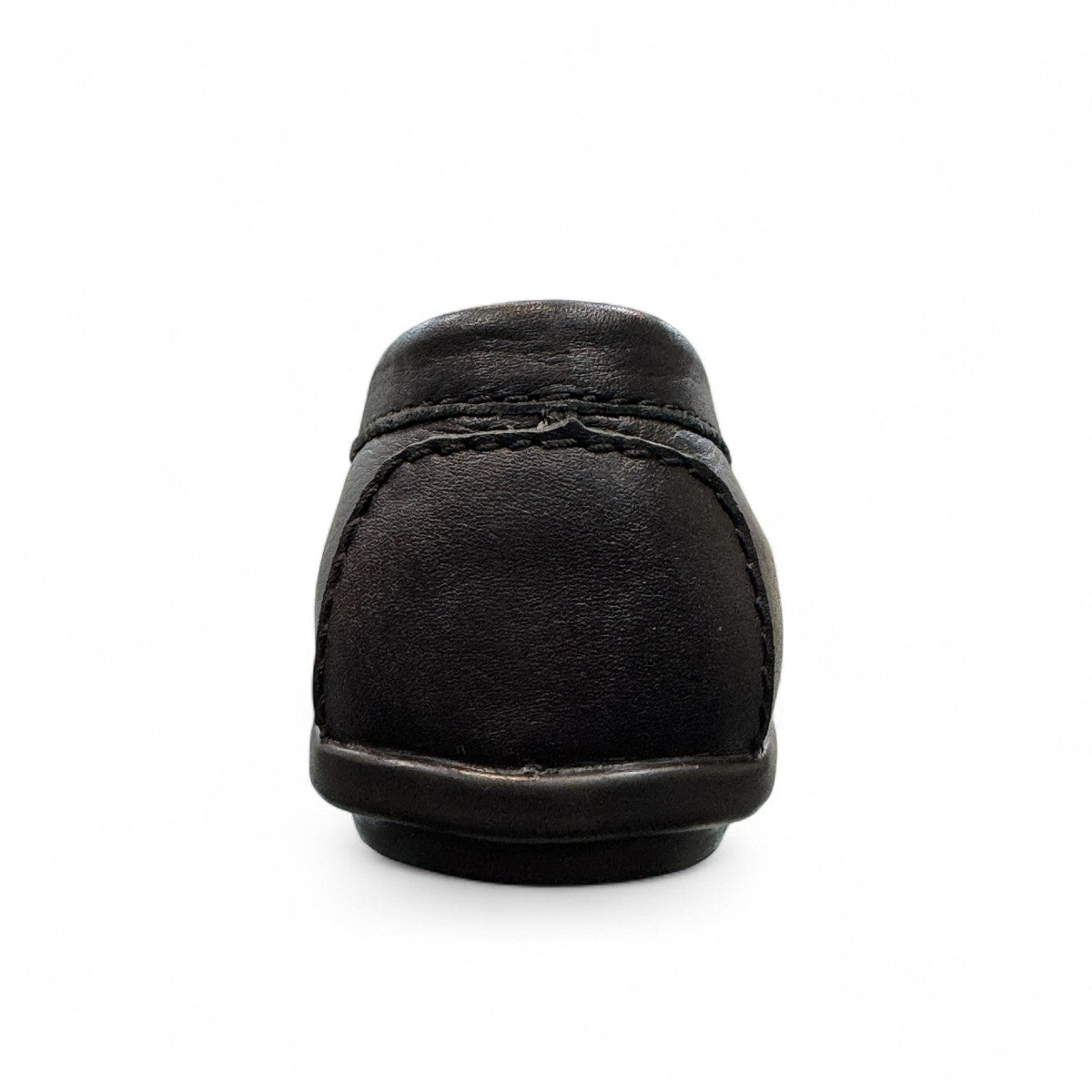Satel Ardeshir black genuine leather loafers with a durable rubber outsole for formal wear. Photo of back view.