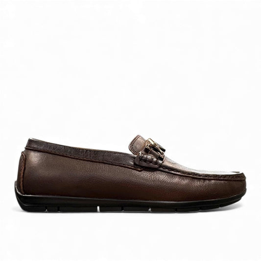 Satel Ariashahr dark brown genuine leather loafers with handmade stitching and metal bit detail. Photo of right side view.