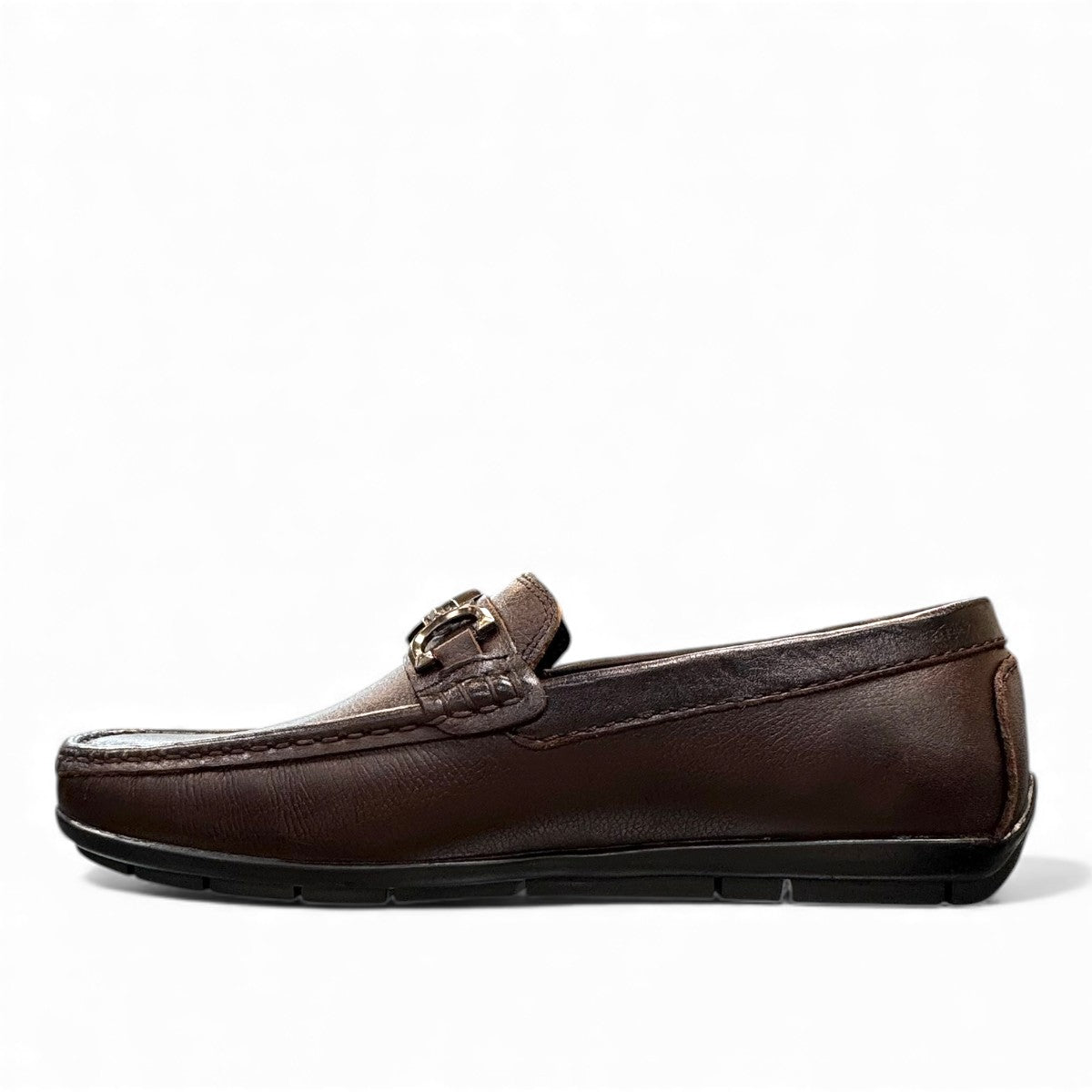 Satel Ariashahr dark brown genuine leather loafers with handmade stitching and metal bit detail. Photo of left side view.