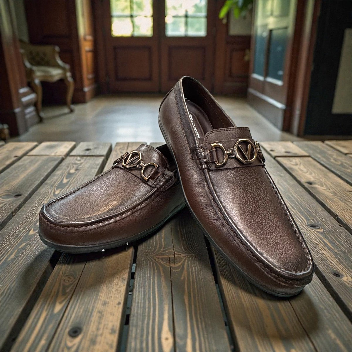 Satel Ariashahr dark brown genuine leather loafers with handmade stitching and metal bit detail. Photo of upper view.