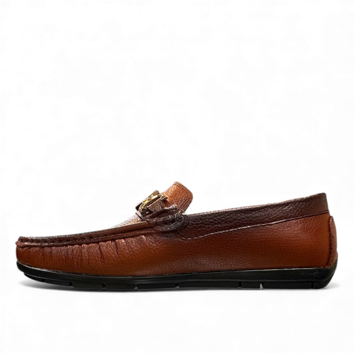 Satel Ariashahr light brown leather loafers with handmade stitching and a metallic bit detail. Photo of left side view.
