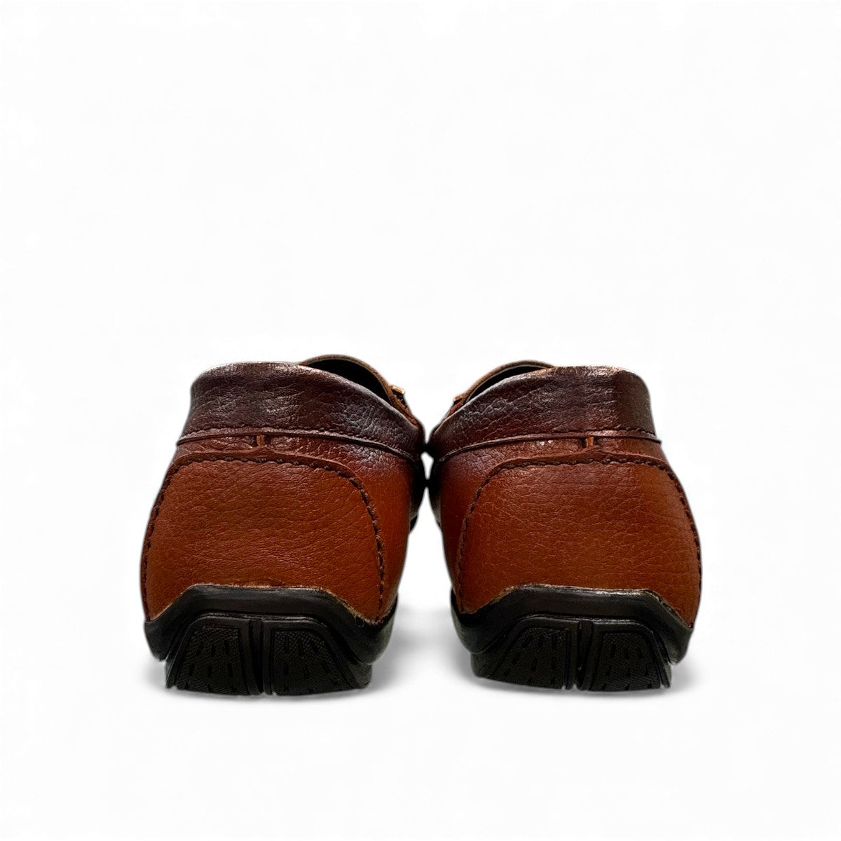 Satel Ariashahr light brown leather loafers with handmade stitching and a metallic bit detail. Photo of back view.