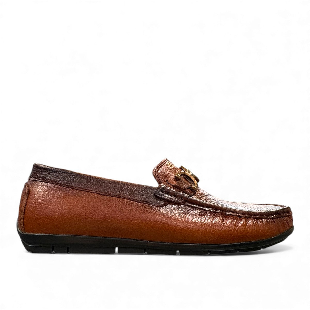 Satel Ariashahr light brown leather loafers with handmade stitching and a metallic bit detail. Photo of right side view.