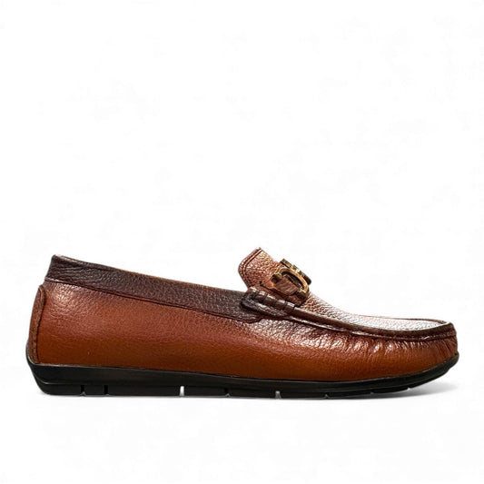 Satel Ariashahr light brown leather loafers with handmade stitching and a metallic bit detail. Photo of right side view.