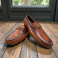 Satel Ariashahr light brown leather loafers with handmade stitching and a metallic bit detail. Photo of upper view.