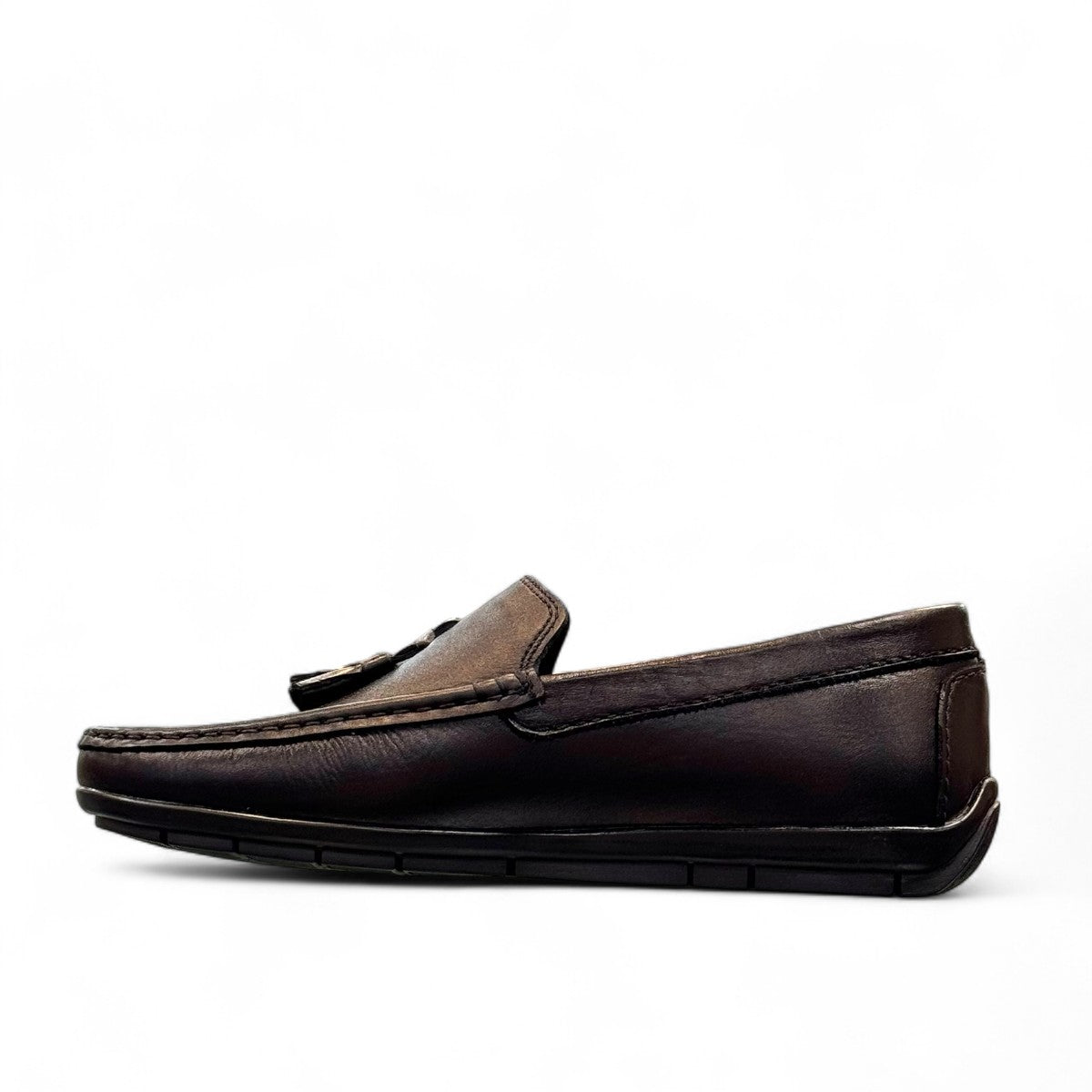 Satel Gishan black leather loafers with handmade stitching and tassel detail for formal wear. Photo of left side view.