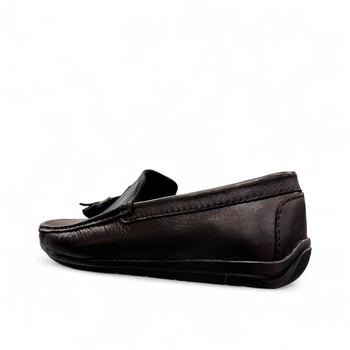 Satel Gishan black leather loafers with handmade stitching and tassel detail for formal wear. Photo of back side view.