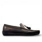 Satel Gishan black leather loafers with handmade stitching and tassel detail for formal wear. Photo of right side view.