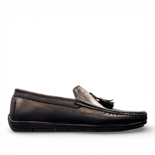 Satel Gishan black leather loafers with handmade stitching and tassel detail for formal wear. Photo of right side view.