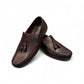 Satel Gishan dark brown leather loafers with handmade stitching and tassel detail for formal wear. Photo of upper view.