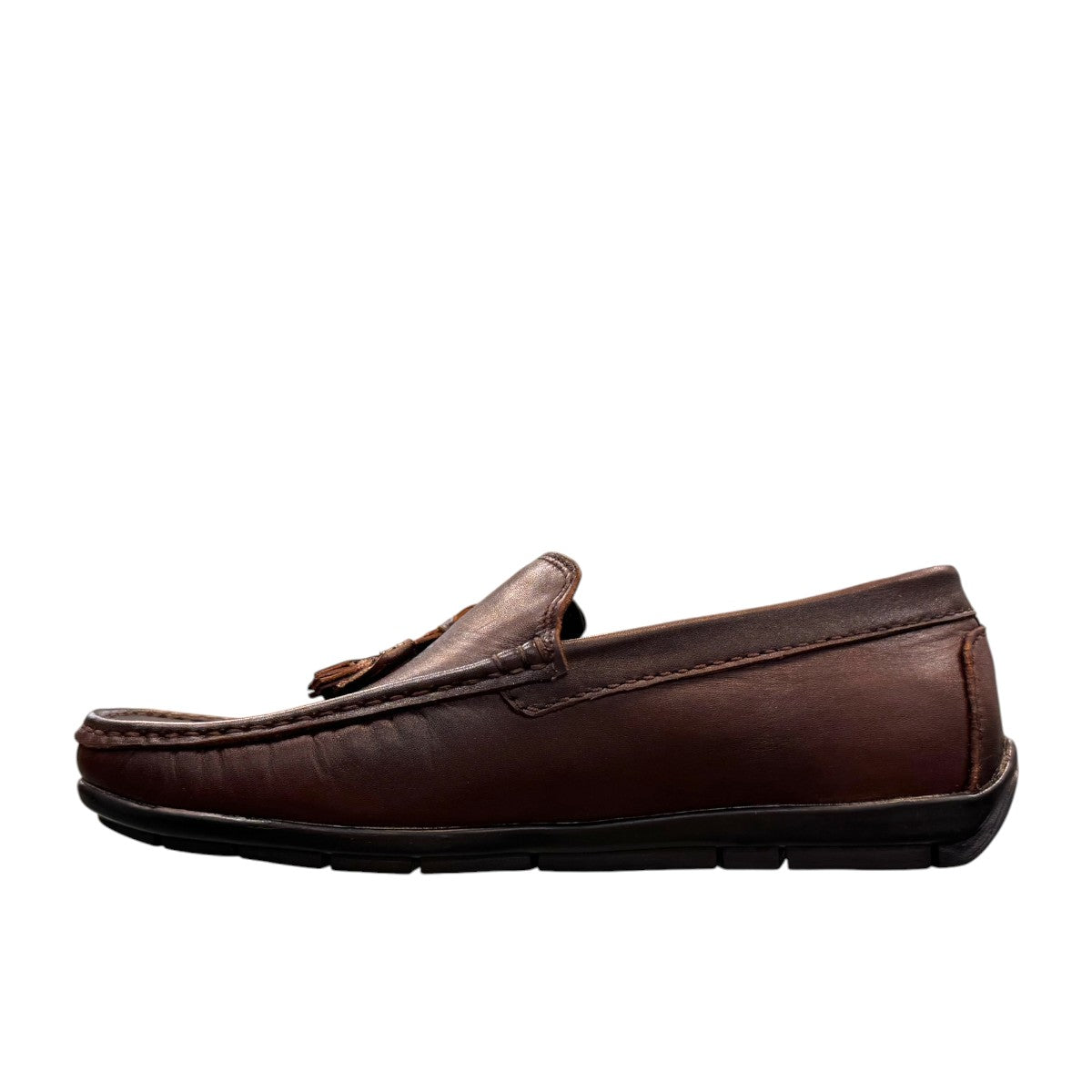 Satel Gishan dark brown leather loafers with handmade stitching and tassel detail for formal wear. Photo of left side view.