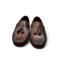 Satel Gishan dark brown leather loafers with handmade stitching and tassel detail for formal wear. Photo of front view.
