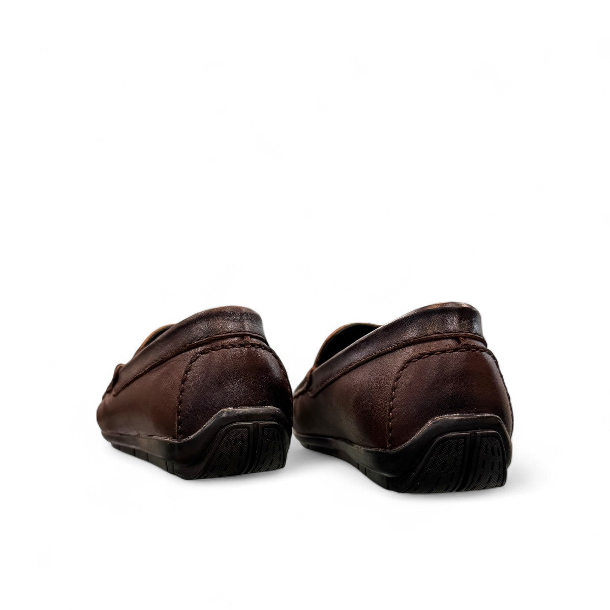 Satel Gishan dark brown leather loafers with handmade stitching and tassel detail for formal wear. Photo of back view.