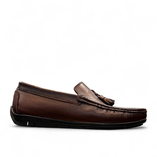 Satel Gishan dark brown leather loafers with handmade stitching and tassel detail for formal wear. Photo of right side view.