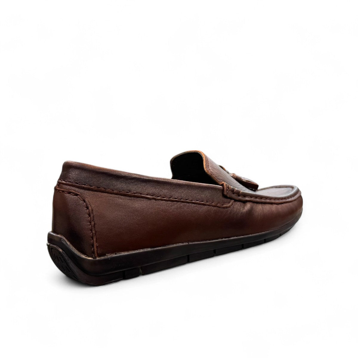 Satel Gishan dark brown leather loafers with handmade stitching and tassel detail for formal wear. Photo of back side view.