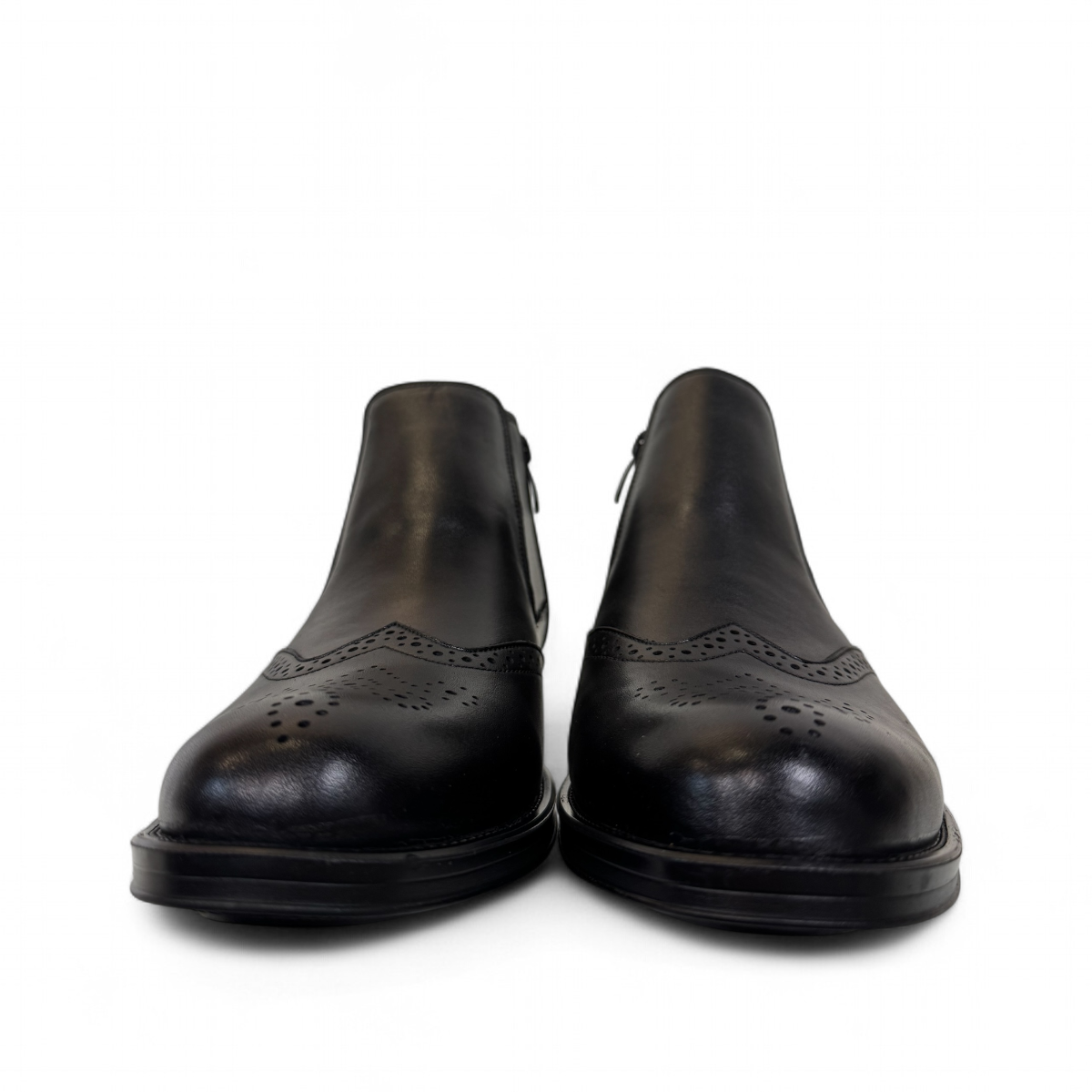Satel Mashhad black leather boots with brogue detailing and elastic side panels on a white background. Photo of front view.
