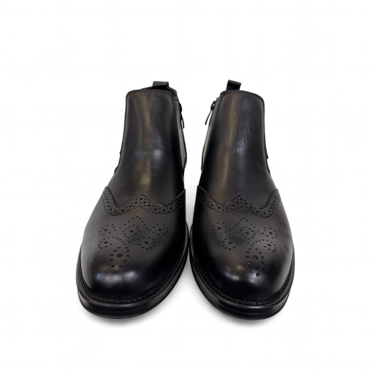 Satel Mashhad black leather boots with brogue detailing and elastic side panels on a white background. Photo of upper view.