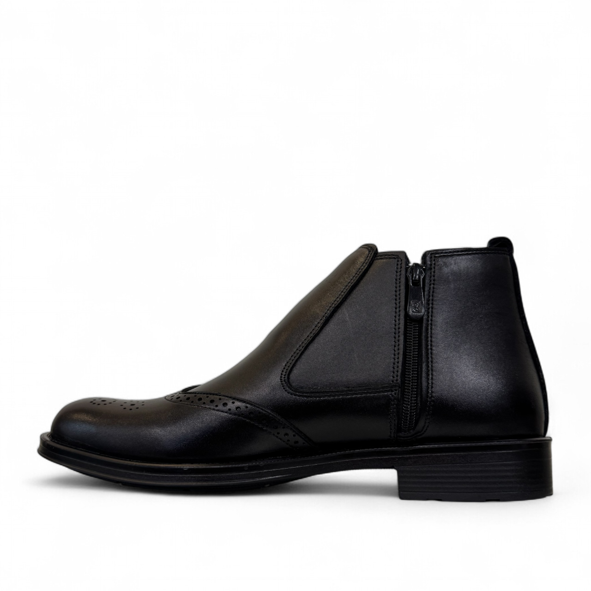 Satel Mashhad black leather boots with brogue detailing and elastic side panels on a white background. Photo of left side view.