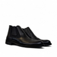 Satel Mashhad black leather boots with brogue detailing and elastic side panels on a white background. Photo of side views.