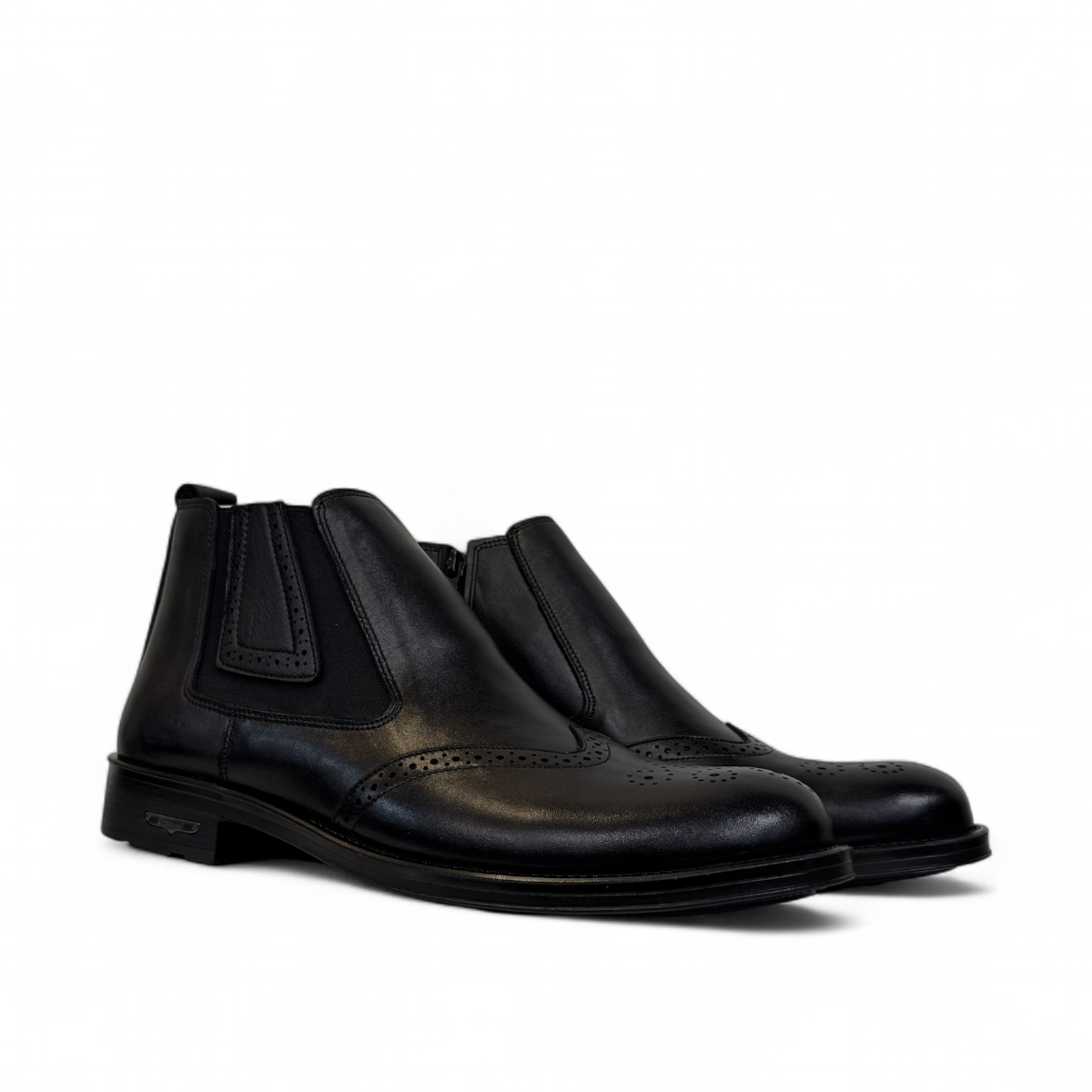 Satel Mashhad black leather boots with brogue detailing and elastic side panels on a white background. Photo of side views.