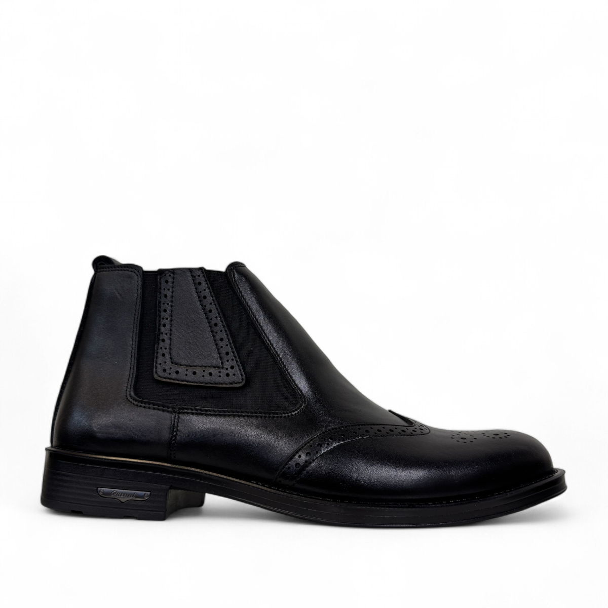 Satel Mashhad black leather boots with brogue detailing and elastic side panels on a white background. Photo of right side view.