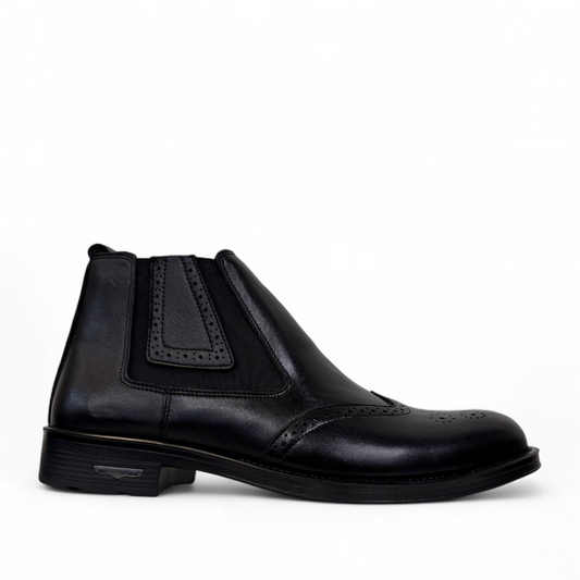 Satel Mashhad black leather boots with brogue detailing and elastic side panels on a white background. Photo of right side view.