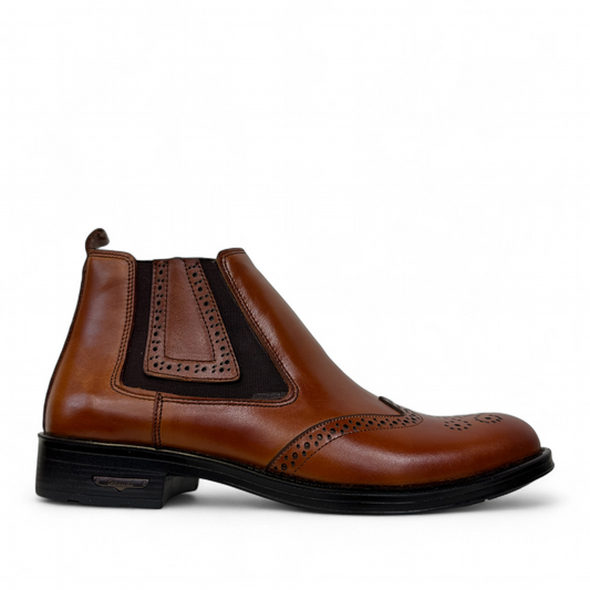 Satel Mashhad brown leather Chelsea boots with brogue detailing and elastic side panels. Photo of right side view.
