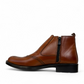 Satel Mashhad brown leather Chelsea boots with brogue detailing and elastic side panels. Photo of left side view.