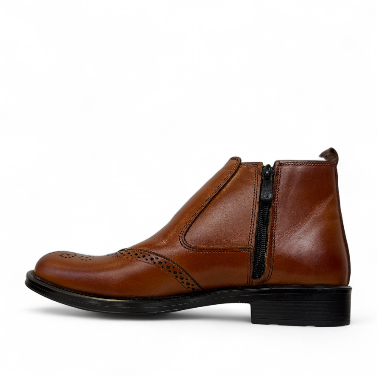 Satel Mashhad brown leather Chelsea boots with brogue detailing and elastic side panels. Photo of left side view.