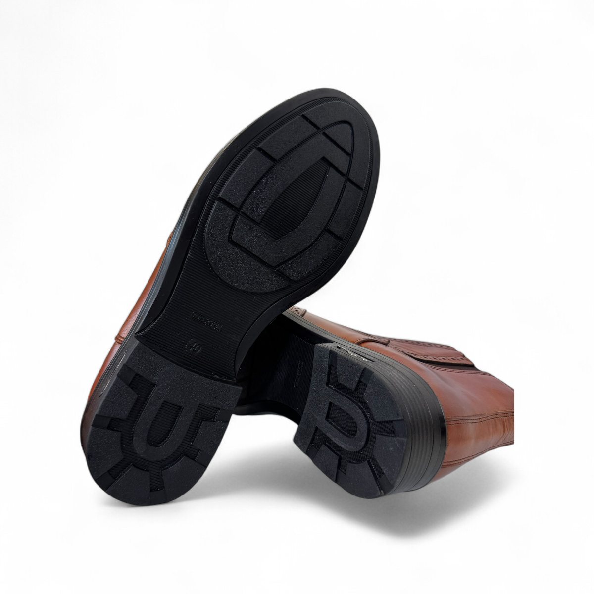 Satel Mashhad brown leather Chelsea boots with brogue detailing and elastic side panels. Photo of bottom view.