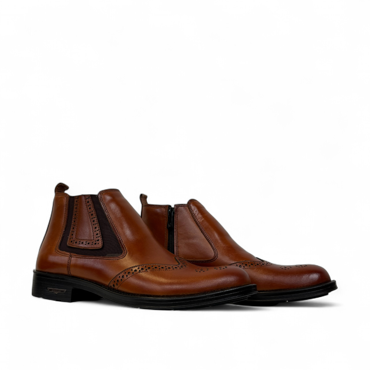 Satel Mashhad brown leather Chelsea boots with brogue detailing and elastic side panels. Photo of side views.