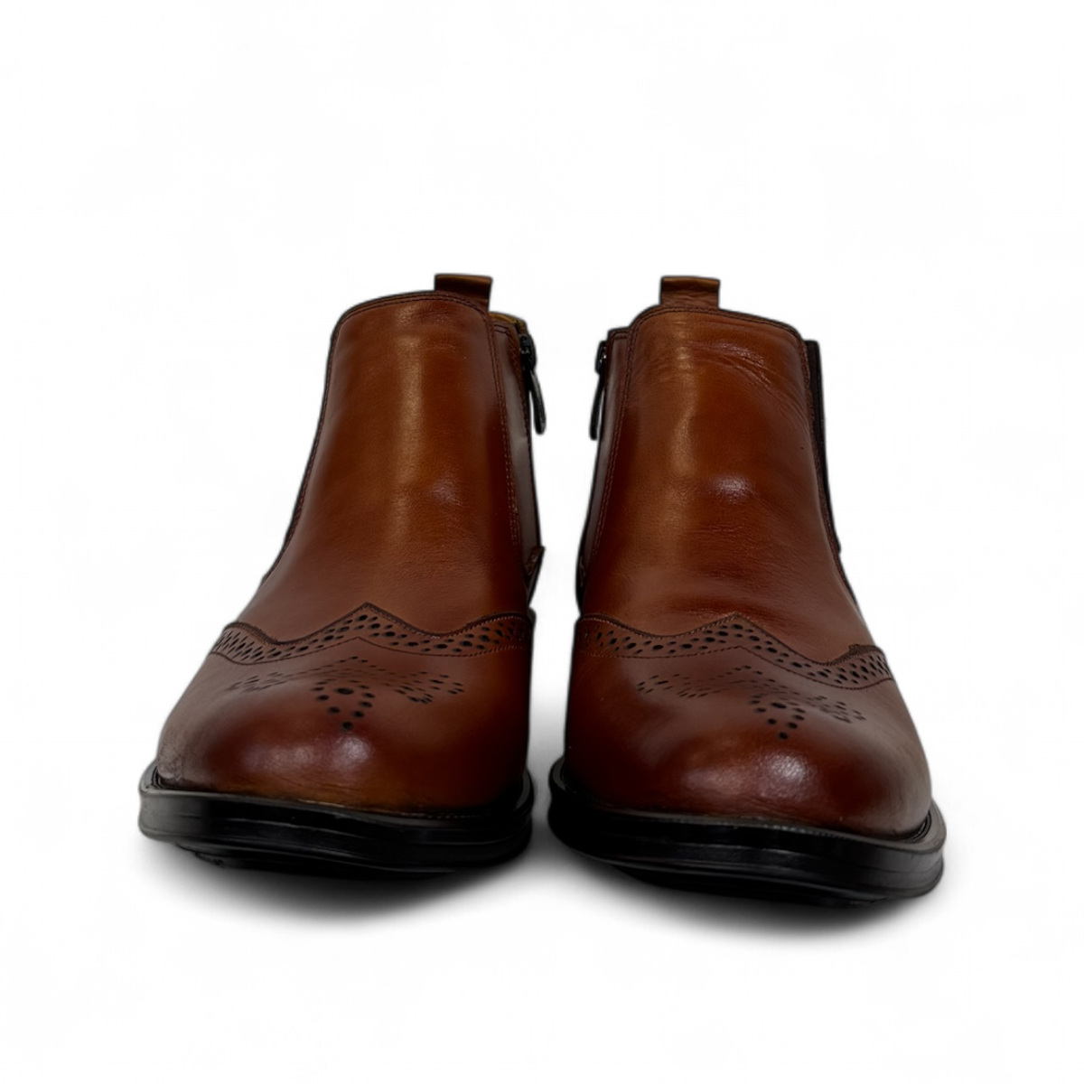 Satel Mashhad brown leather Chelsea boots with brogue detailing and elastic side panels. Photo of front view.