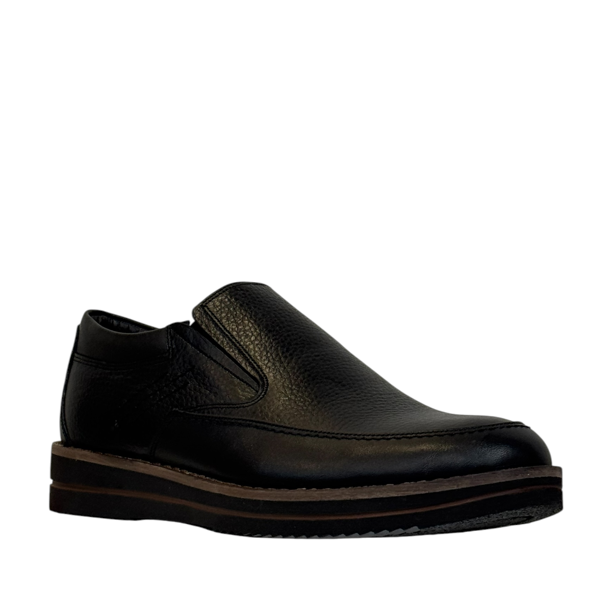 Satel Niavaran black leather slip-on shoes with handmade stitching and durable rubber outsole. Photo of front side view.