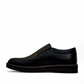 Satel Niavaran black leather slip-on shoes with handmade stitching and durable rubber outsole. Photo of left side view.