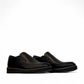 Satel Niavaran black leather slip-on shoes with handmade stitching and durable rubber outsole. Photo of side views.