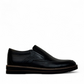 Satel Niavaran black leather slip-on shoes with handmade stitching and durable rubber outsole. Photo of right side view.