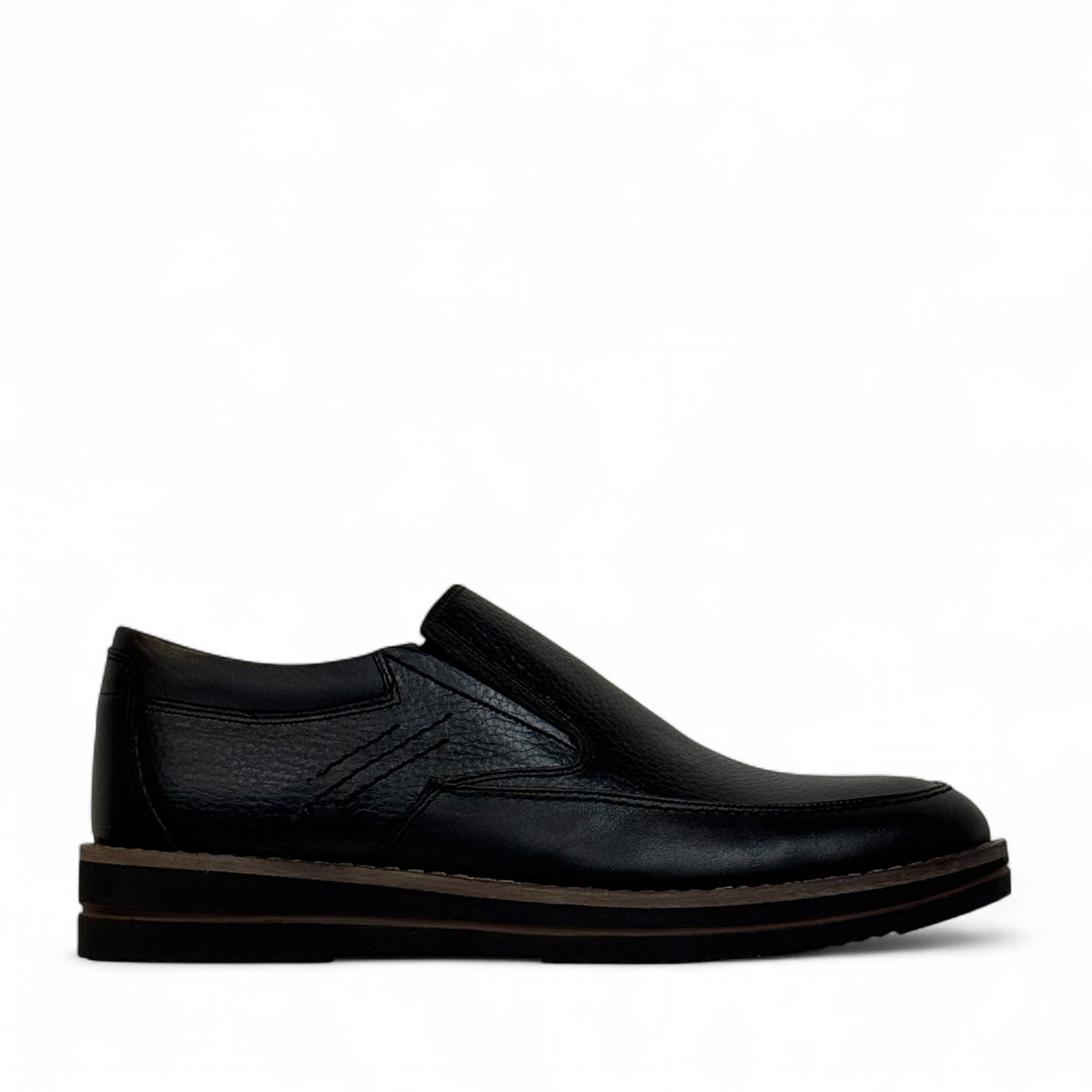 Satel Niavaran black leather slip-on shoes with handmade stitching and durable rubber outsole. Photo of right side view.