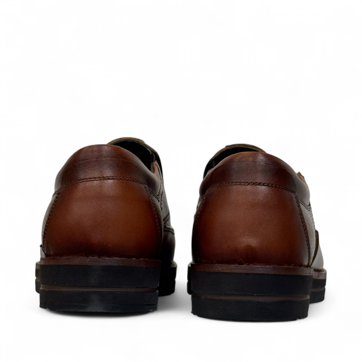 Satel Niavaran brown leather slip-on shoes with handmade stitching and a durable rubber outsole for formal wear. Photo of back view.