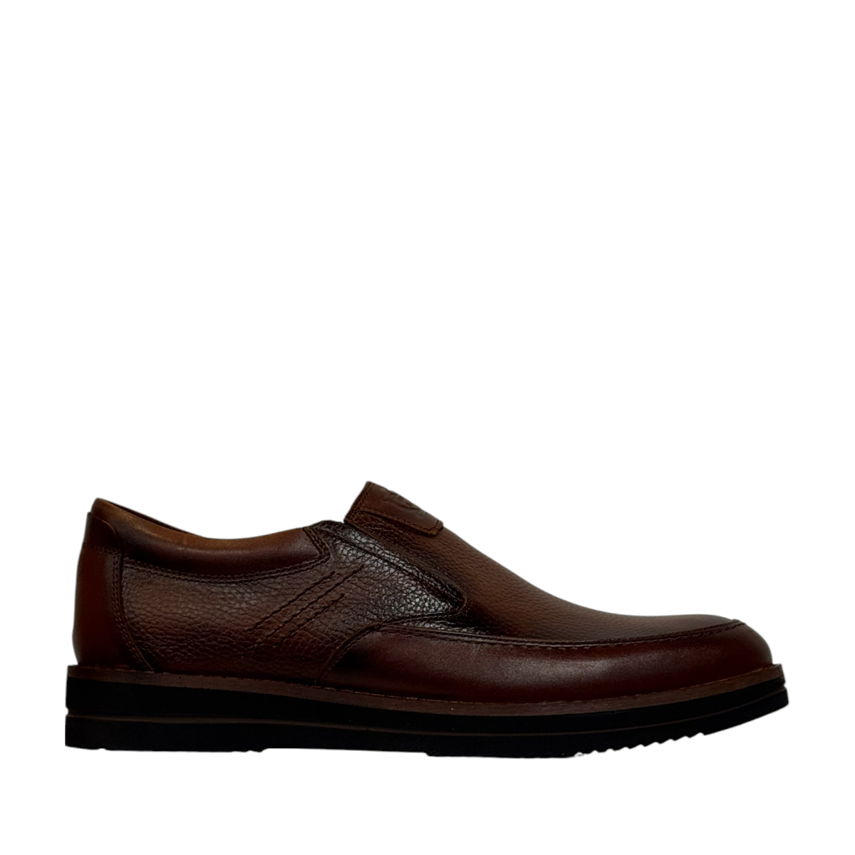 Satel Niavaran brown leather slip-on shoes with handmade stitching and a durable rubber outsole for formal wear. Photo of right side view.