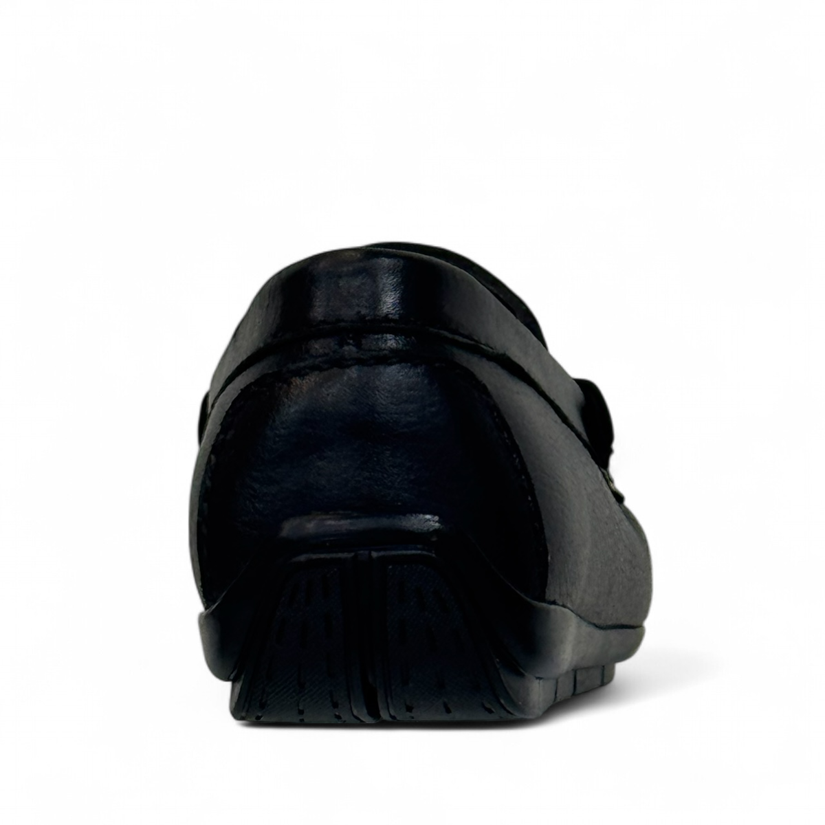 Satel Poonak black genuine leather loafers with subtle handmade stitching and a polished finish. Photo of back view.