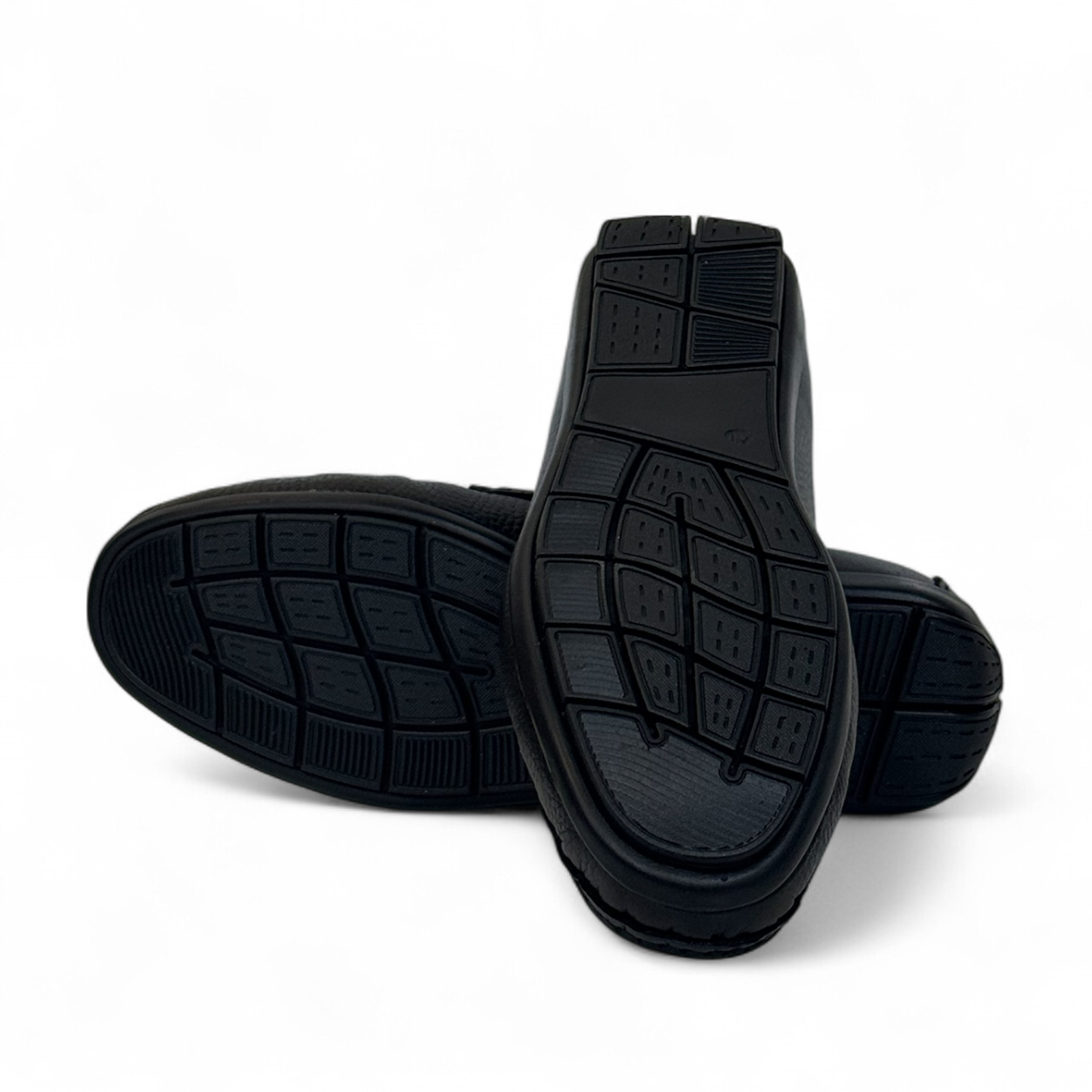 Satel Poonak black genuine leather loafers with subtle handmade stitching and a polished finish. Photo of bottom view.