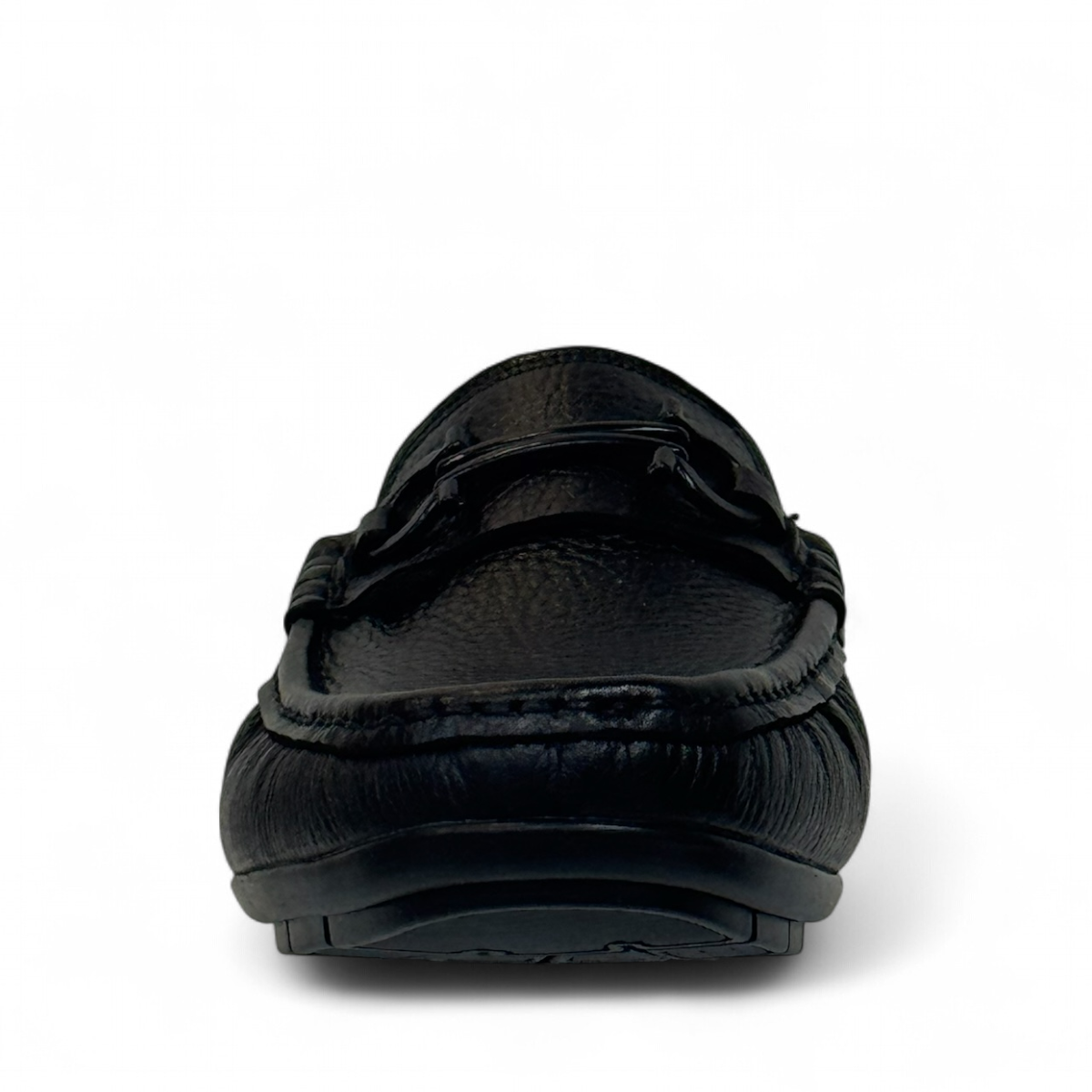 Satel Poonak black genuine leather loafers with subtle handmade stitching and a polished finish. Photo of front view.