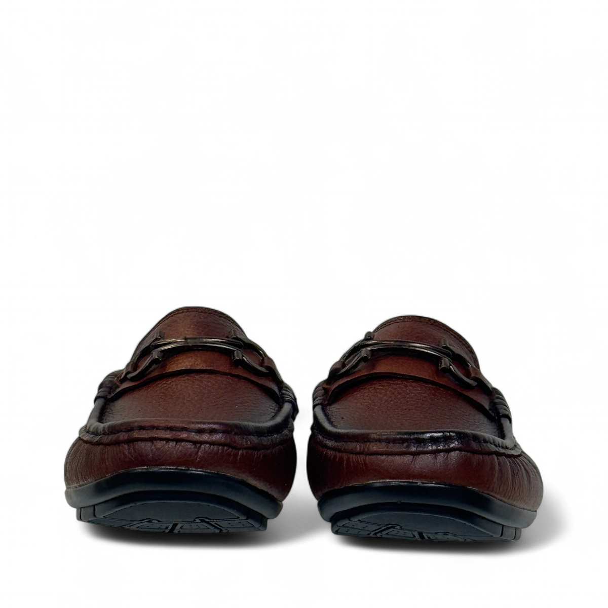Satel Poonak brown genuine leather loafers with handmade stitching and metal bit detail for formal or smart casual wear. Photo of front view.