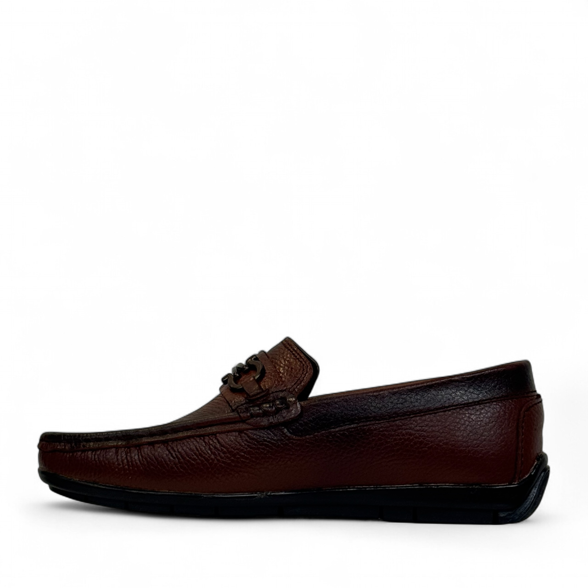 Satel Poonak brown genuine leather loafers with handmade stitching and metal bit detail for formal or smart casual wear. Photo of left side view.