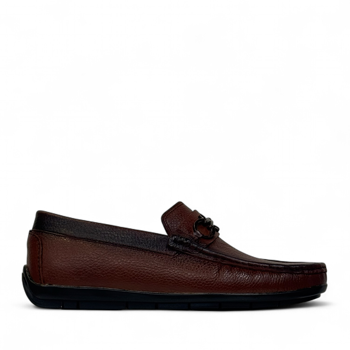 Satel Poonak brown genuine leather loafers with handmade stitching and metal bit detail for formal or smart casual wear. Photo of right side view.