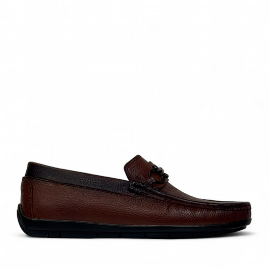 Satel Poonak brown genuine leather loafers with handmade stitching and metal bit detail for formal or smart casual wear. Photo of right side view.