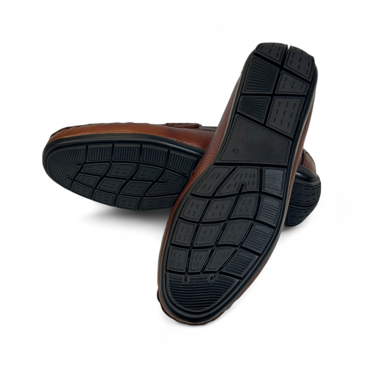 Satel Poonak brown genuine leather loafers with handmade stitching and metal bit detail for formal or smart casual wear. Photo of bottom view.