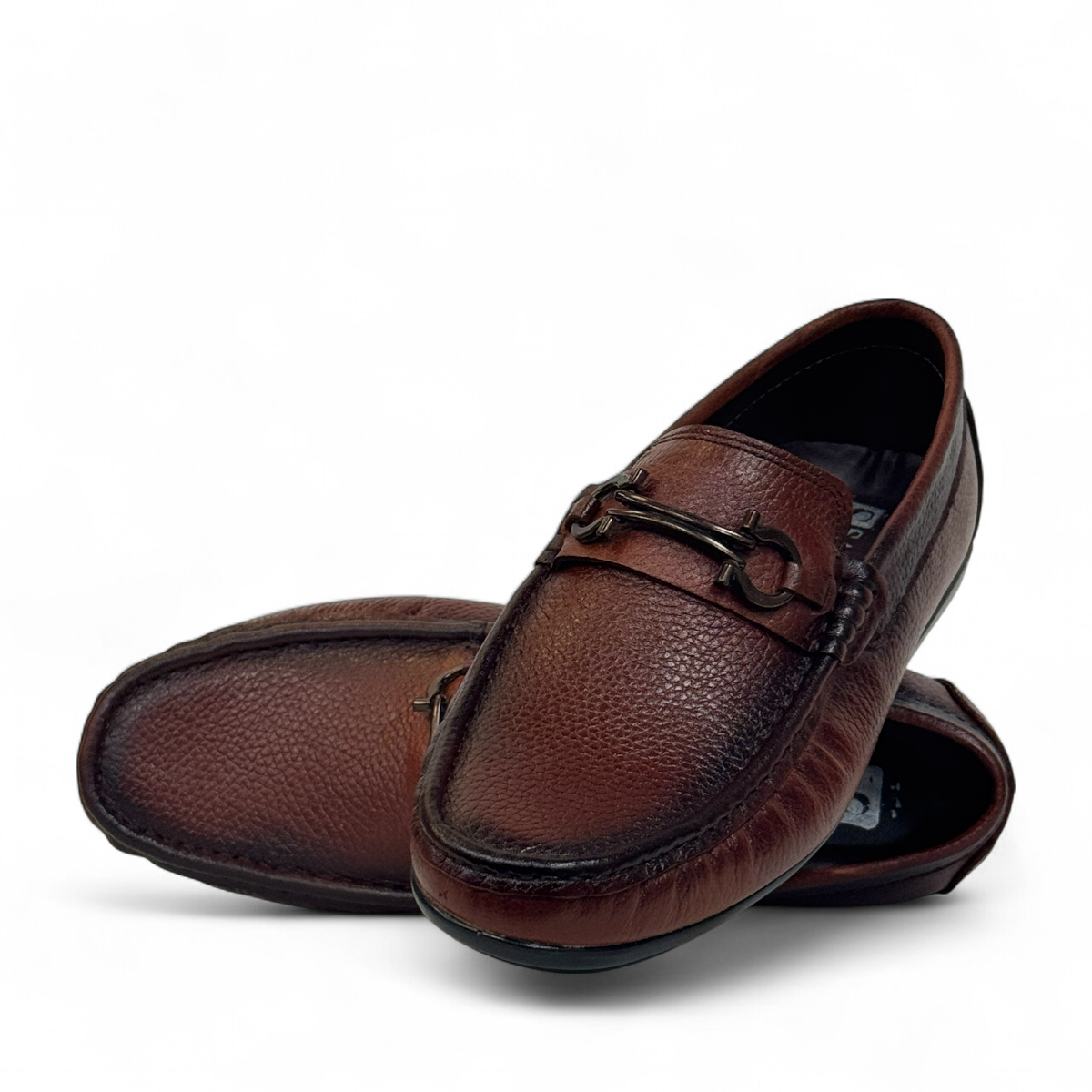 Satel Poonak brown genuine leather loafers with handmade stitching and metal bit detail for formal or smart casual wear. Photo of upper view.