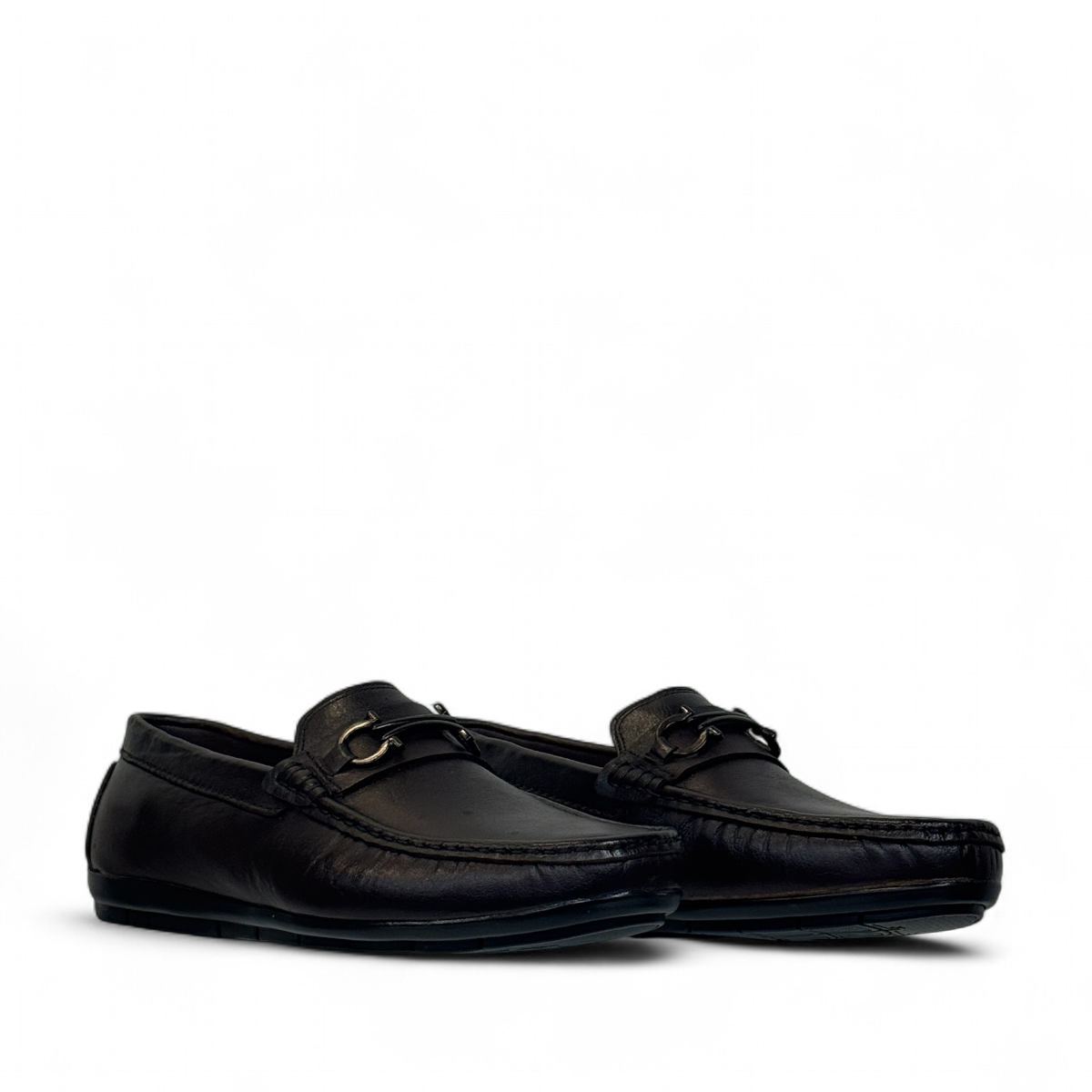 Satel Poonak dark brown genuine leather loafers with handmade stitching and metal bit detail. Photo of front view.